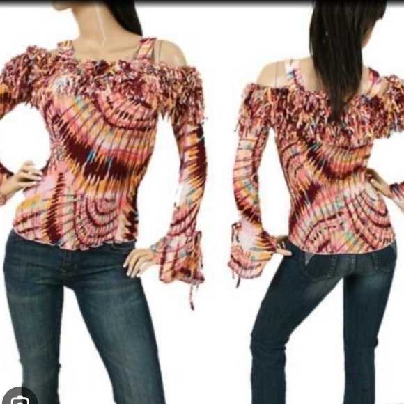 Brown and Orange Ruched Bell Sleeve Blouse - Picture 1 of 9